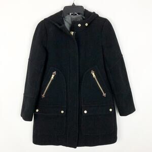 J CREW Women's Hooded Italian Wool Winter Coat Small Black Zipper & Snap Front